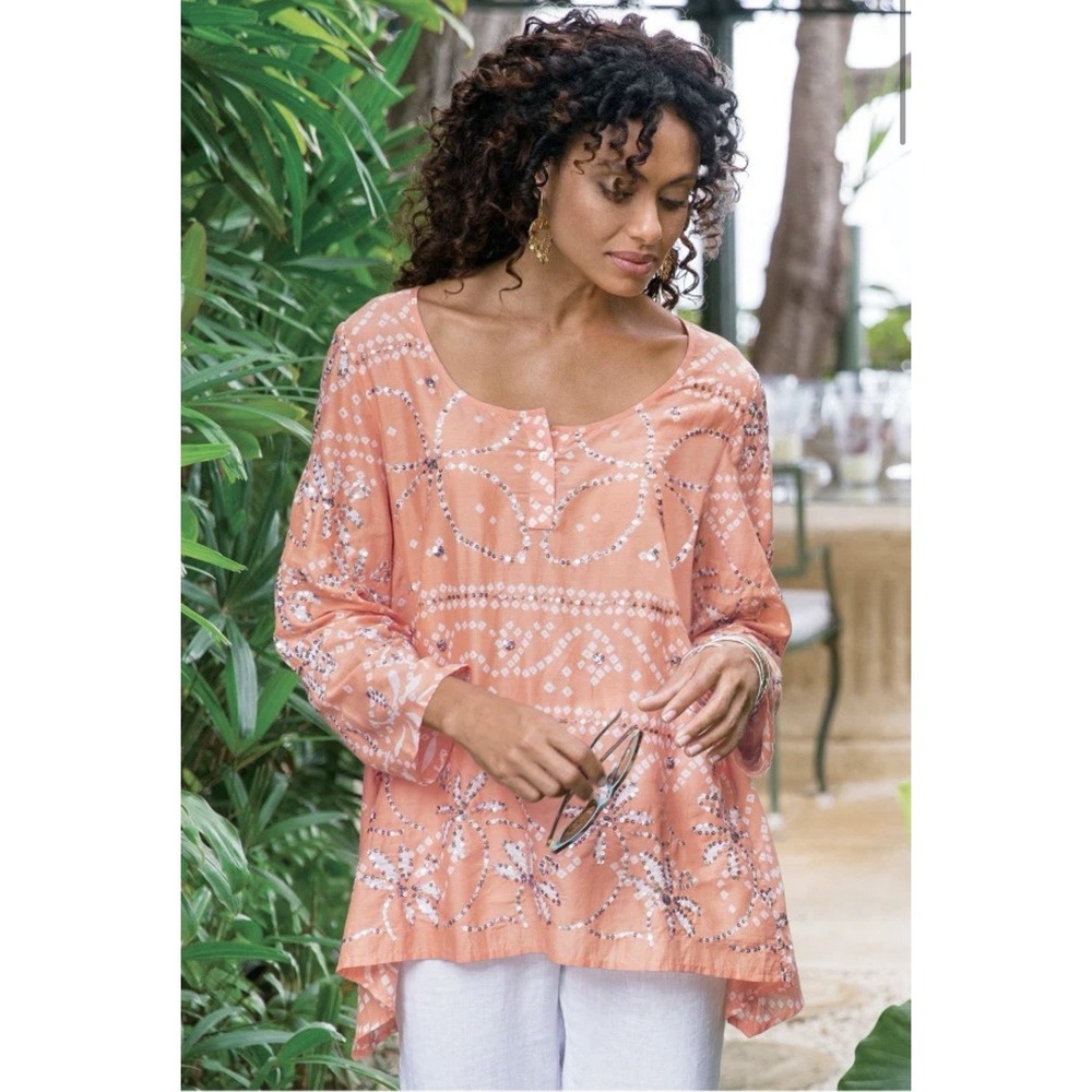Soft Surroundings Bora Bora Tunic XL Sequined Embellished Cotton Gauze Top NWOT